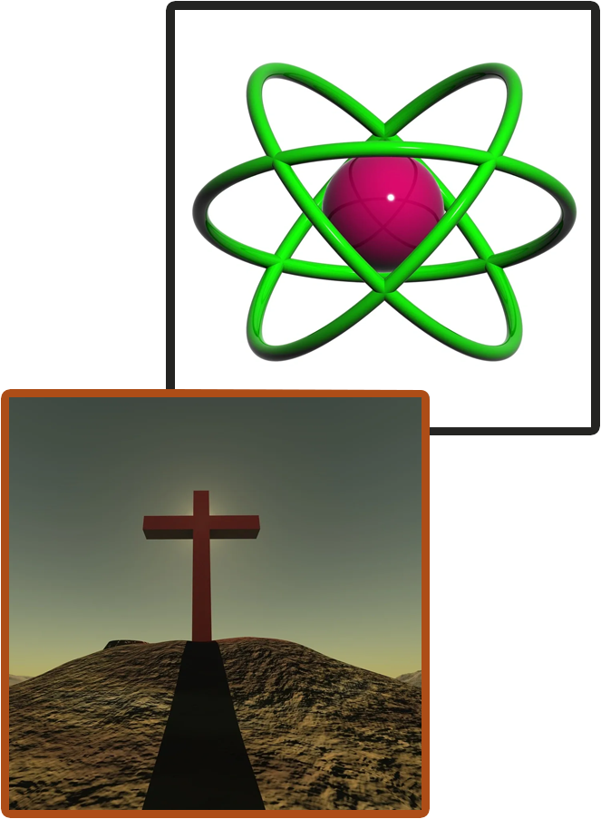 A cross and atom are shown in front of a cross.