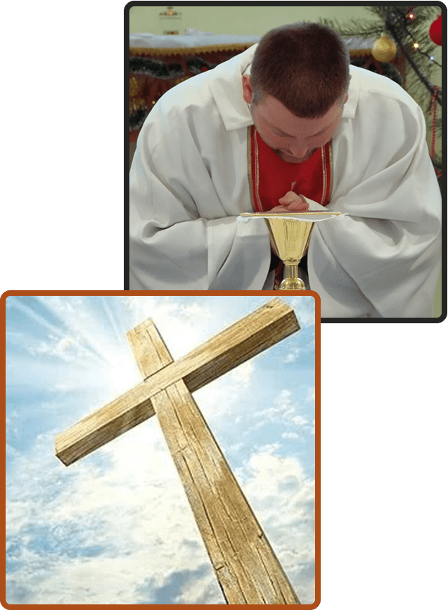 A priest is praying in front of the cross.