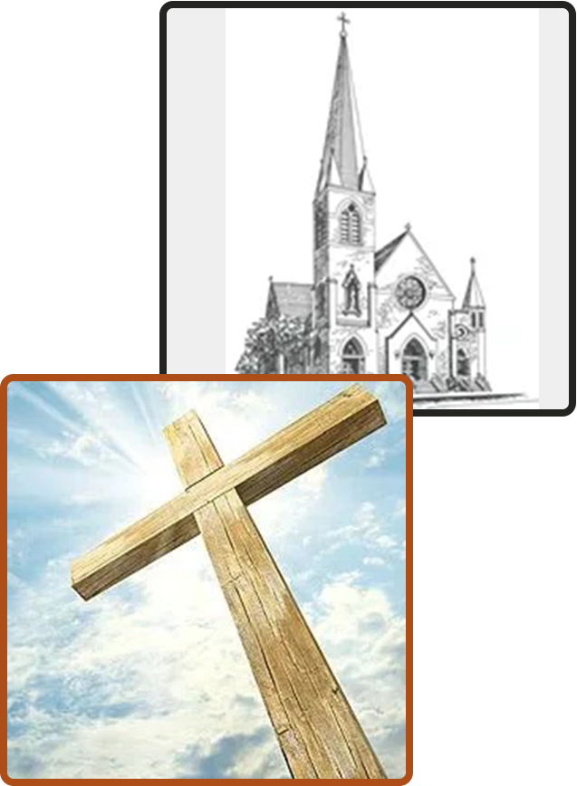 A picture of a church and an image of the cross.
