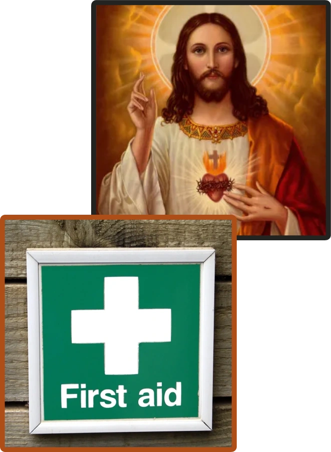A picture of jesus and an image of the first aid sign.